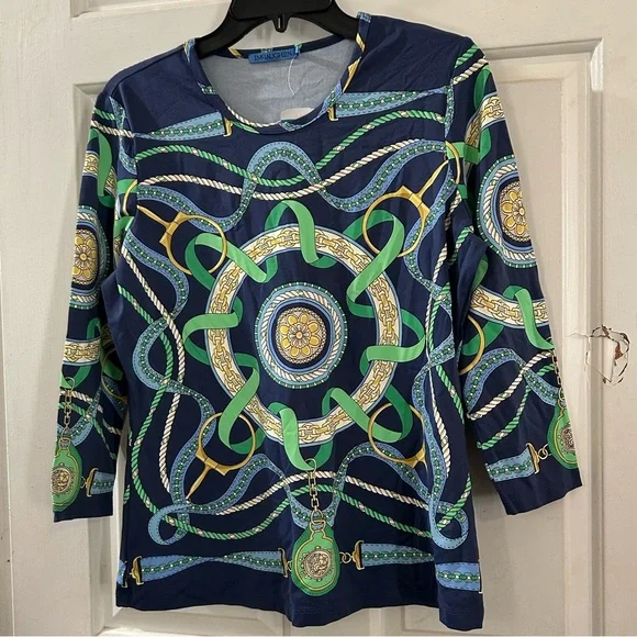 JM Collection Navy Long Sleeve Top with Green & Gold Chain Print - Picture 1 of 2